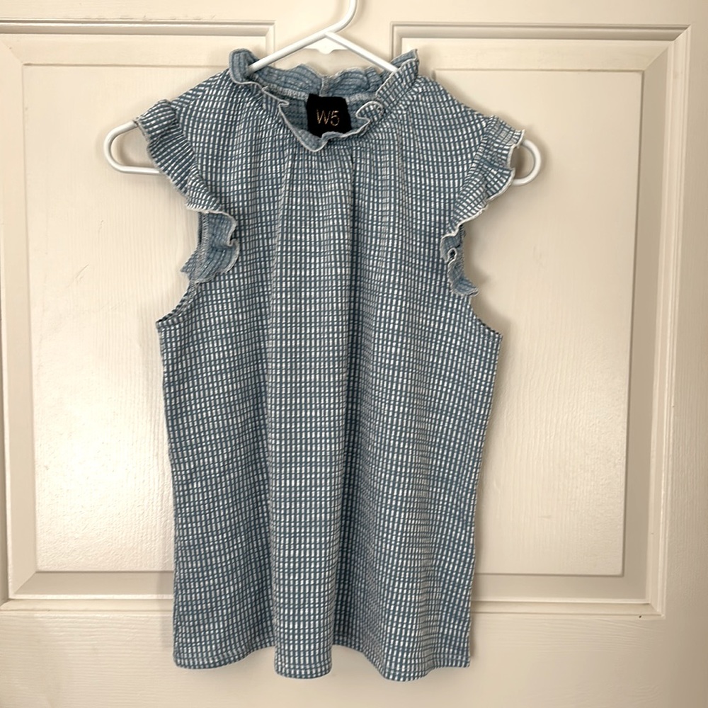 NWT! Blue and white top, with ruffle neck.